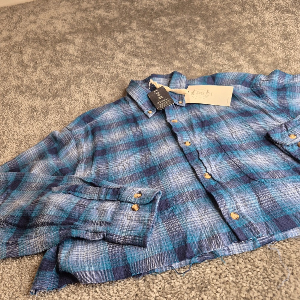 NEW Urban Renewal Womens Raw Crop Flannel Shirt‎ Blue Teal Plaid Reworked S/M - Picture 7 of 12